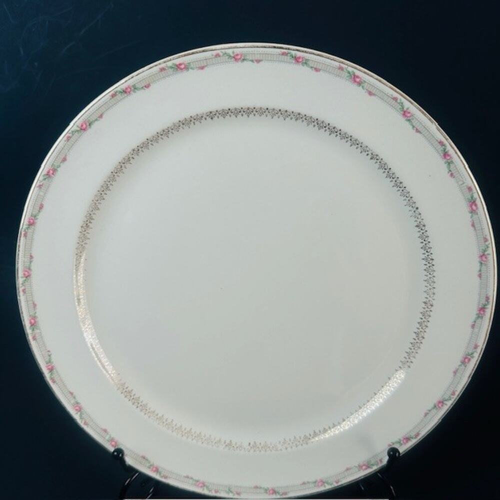 Taylor, Smith & Taylor TST172, 1-Dinner Plate Pink Roses, Gray Band, Gold Fill